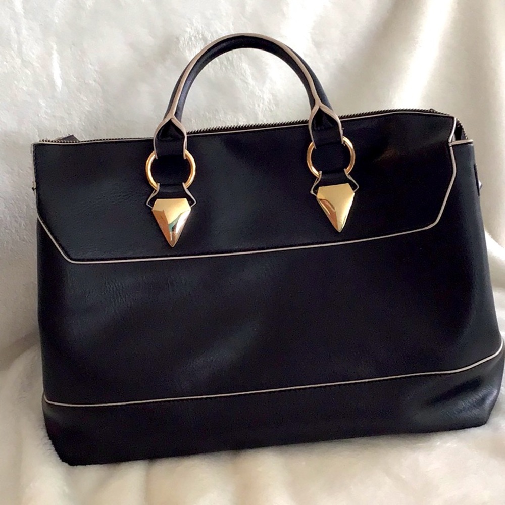 Beautiful Large Black leather satchel with cream trim